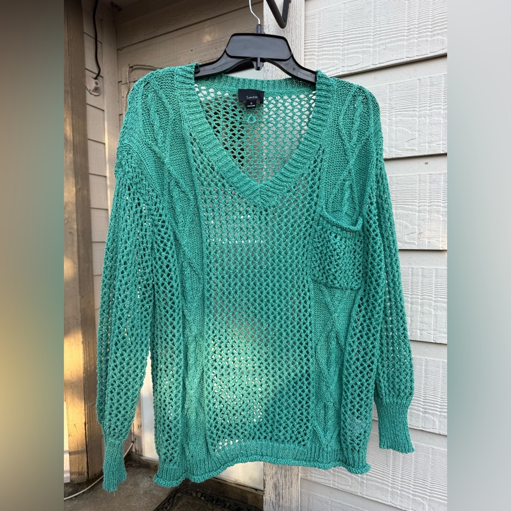 Lumiere from Buckle Open Knit Teal V-Neck Sweater